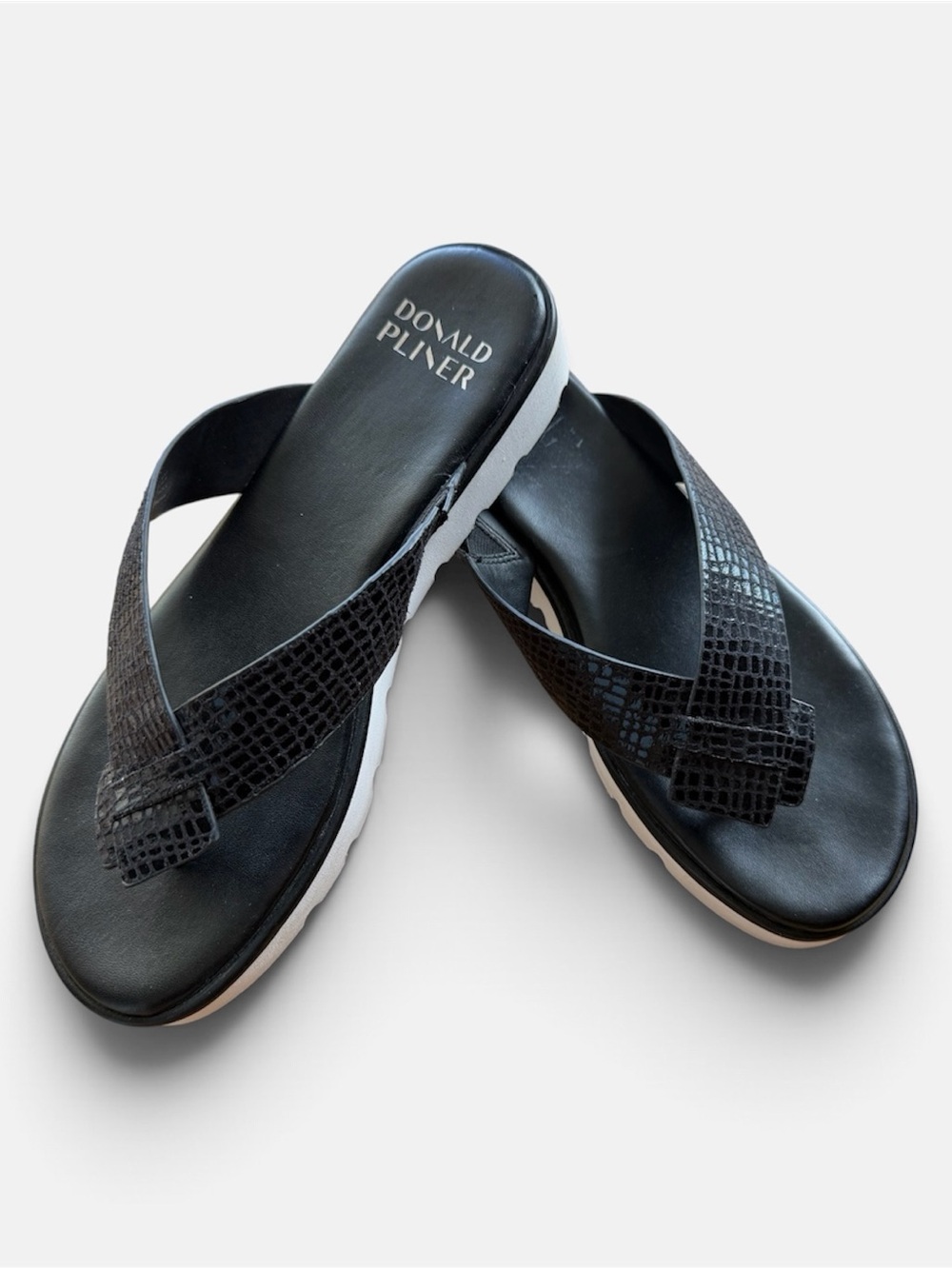 Donald J. Pliner Black Textured Cross-Strap Sandals with White Outsole